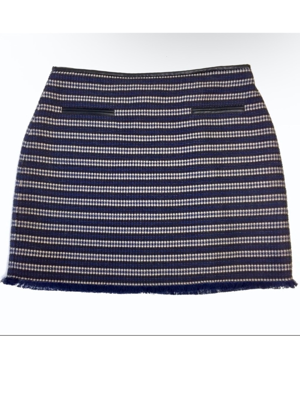 Club Monaco Blue Striped Wool Blend Knit Skirt | Fringe Hem | Size 6